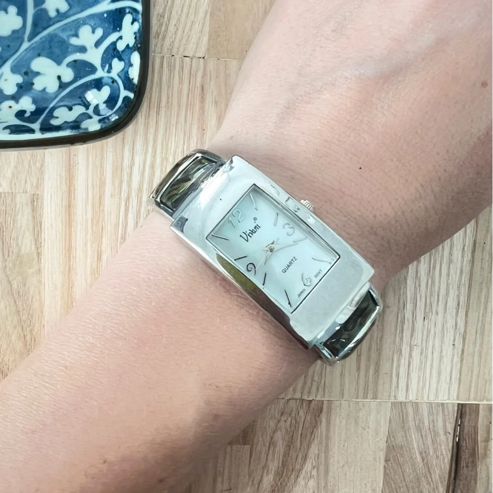 Vivani ladies silver tone and abalone cuff bracelet watch NEW BATTERY